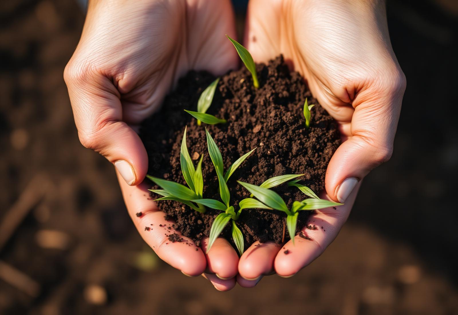 Hands holding soil with young seedlings